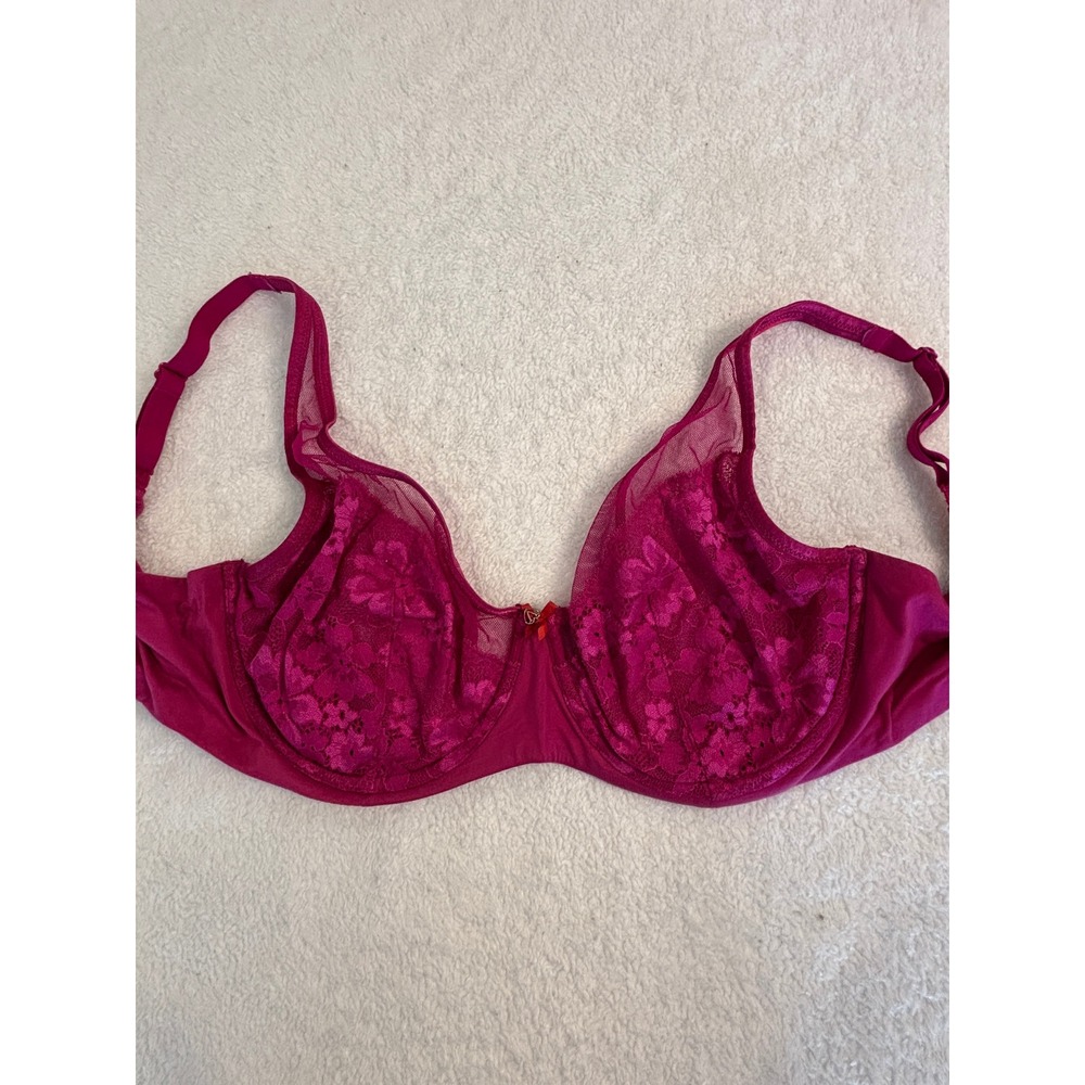 Victorias Secret Unlined Demi Bra Magenta Pink Floral Lace Mesh 36DDD Underwire